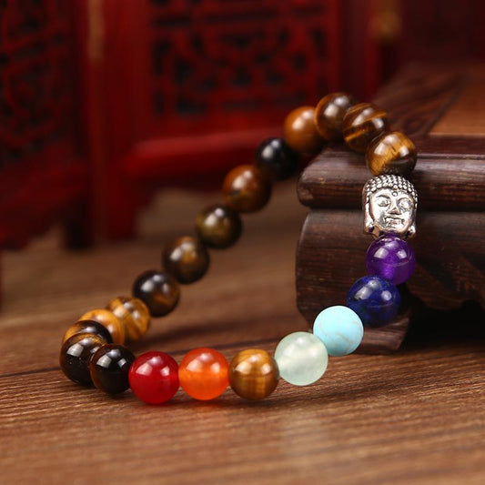 8mm Tiger Eye Stone Series Buddha Head Yoga Buddhist Seven Chakra